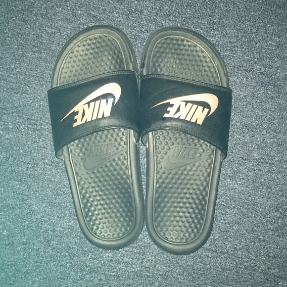 rose gold and black nike slides